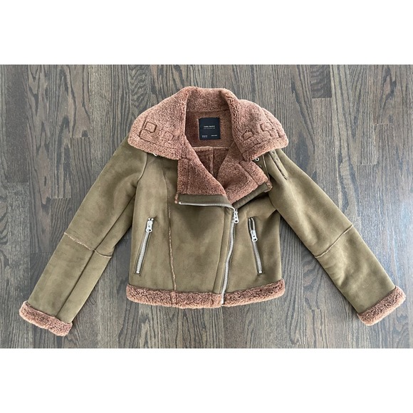 ZARA olive green brown faux suede/sherpa teddy moto jacket Sz. XS - Picture 8 of 9